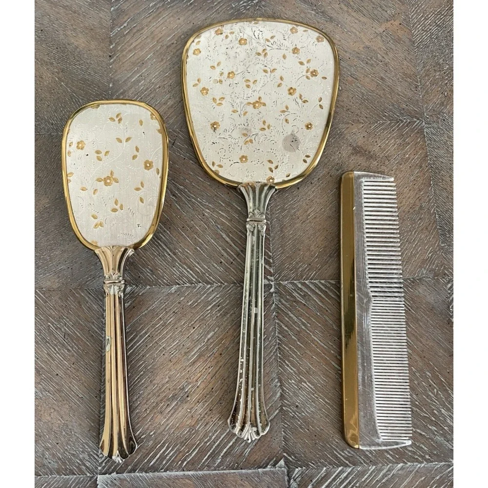 Vtg Ornate Gold & Silver Tone 3 Piece Mirror Comb Hair Brush Vanity Set